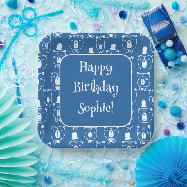 Niedlich Kids Gentleman Bear in Hat Blue Pappteller (Party)