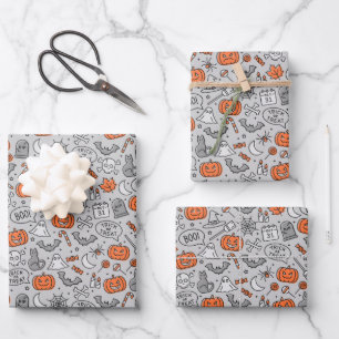 Niedlich Kids Halloween Doodle-Muster Geschenkpapier Set
