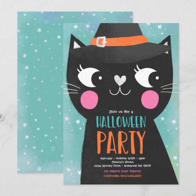 Niedlich Kids Halloween-Party Hexen Katze Spooky Einladung (Vorne/Hinten)