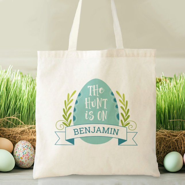 Niedlich Kids Ostereier Jagd Tote Beutel Tragetasche (A cute blue Easter Egg hunt tote bag. Personlize it with your name.)