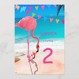 Niedlich Kids Pink Blue Flamingo Beach Geburtstag Einladung