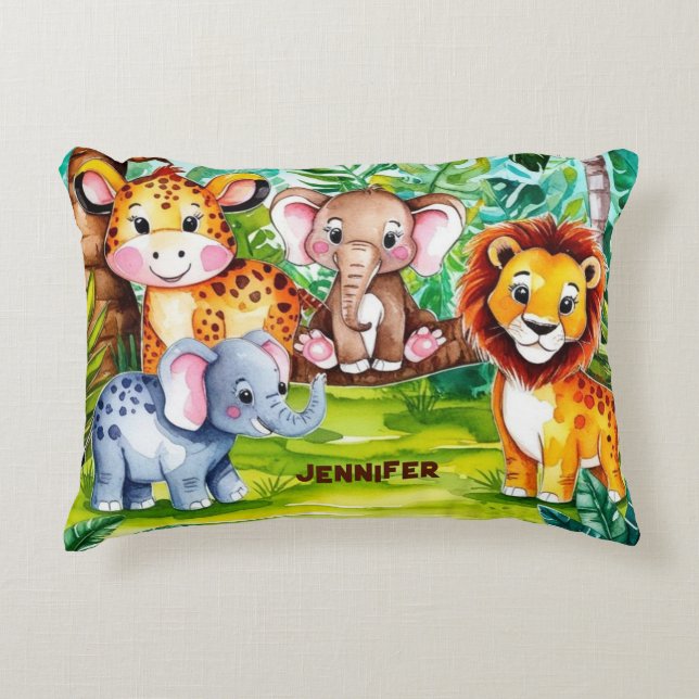 Niedlich Kids Safari Jungle Tiere Personalisierter Dekokissen (Vorderseite)