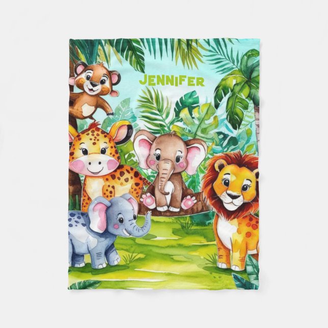 Niedlich Kids Safari Jungle Tiere Personalisierter Fleecedecke (Vorderseite)