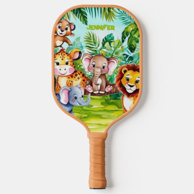 Niedlich Kids Safari Jungle Tiere Personalisierter Pickleball Schläger (Vorderseite)