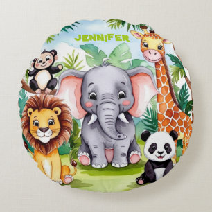 Niedlich Kids Safari Jungle Tiere Personalisierter Rundes Kissen