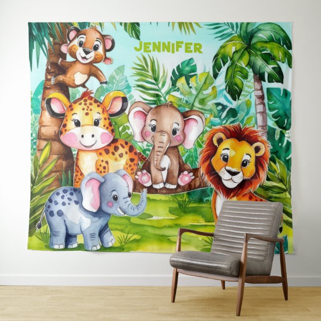 Niedlich Kids Safari Jungle Tiere Personalisierter Wandteppich (Beispiel (Horizontal))