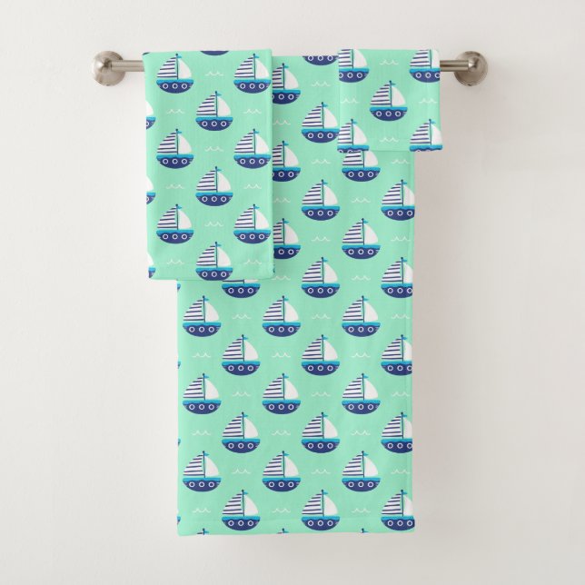 Niedlich Kids Sailboat Pattern Meeresgrün Badhandtuch Set (Insitu)