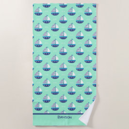 Niedlich Kids Sailboat Pattern Meeresgrün Strandtuch