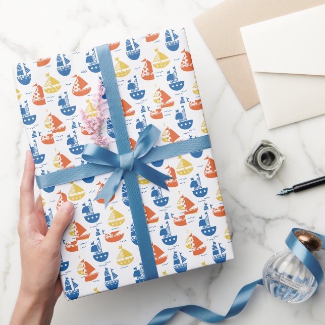 Niedlich Kids Segelboote Segelschiffe Orange Blue Geschenkpapier (Schenken)