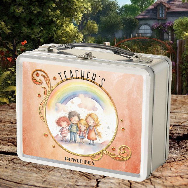 Niedlich Kids Terra Cotta Rainbow Teacher Metall Brotdose (Lunch Box featuring a cute watercolor painting of children holding hands under the rainbow.)