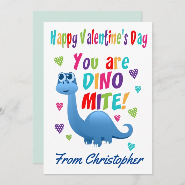 Niedlich Kids Valentinstag Klasse Dinosaurier Feiertagskarte (Vorne/Hinten)