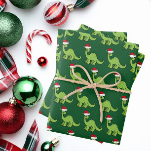 Niedlich Kids Weihnachten Dinosaurier Santa Green  Geschenkpapier Set
