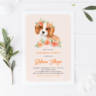 Niedlich King Charles Spaniel Peach Floral Geburts Einladung