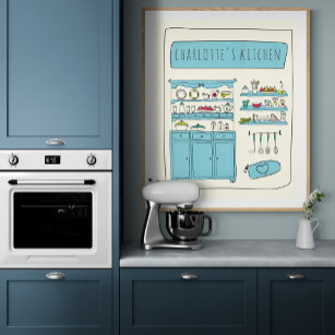 Niedlich Kitchen Illustration Blau Personalisierte Poster