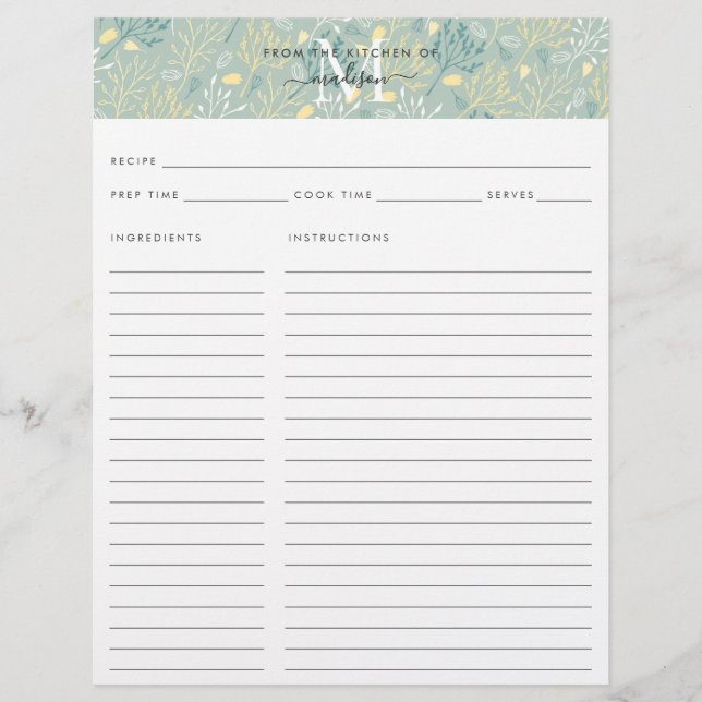 Niedlich Kitchen Monogram Aquamarin Floral Botanis (Vorderseite)