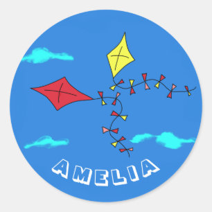 Niedlich Kites Rot Gelb mit Name Kindergeburtstag Runder Aufkleber