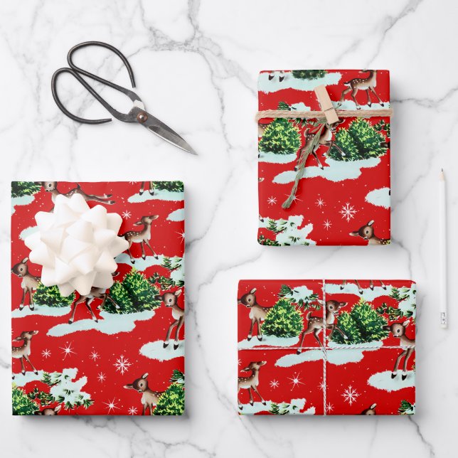 Niedlich Kitschy Retro Christmas Reindeer Geschenkpapier Set (Vorderseite)