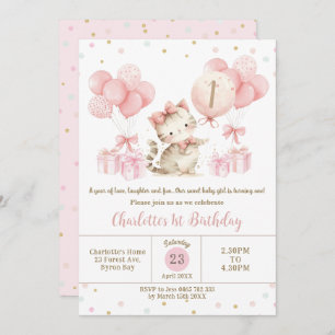 Niedlich Kitten Cat Pink Balloons 1. 3. Geburtstag Einladung
