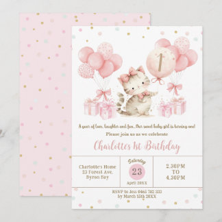 Niedlich Kitten Cat Pink Balloons 1. 3. Geburtstag Einladung