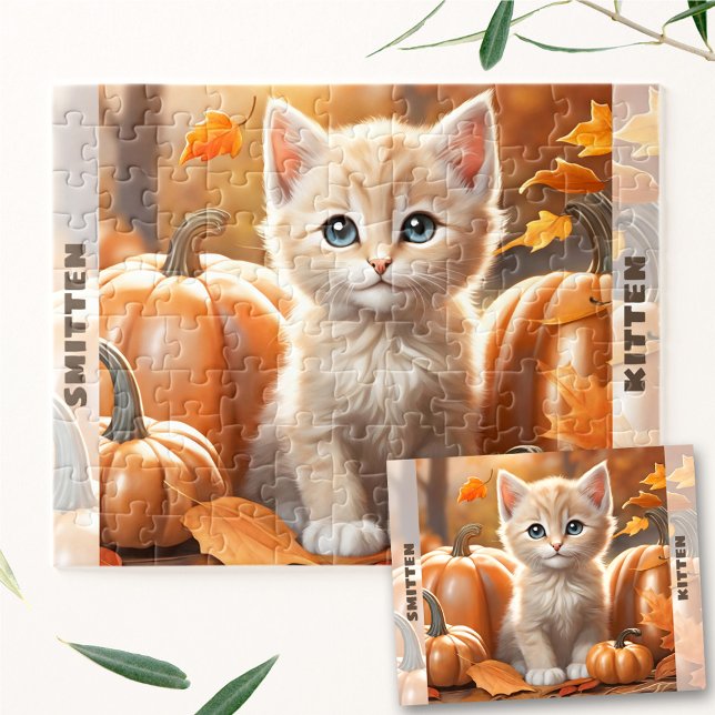 Niedlich Kitten Cat Pumpkin Herbst Individuelle Na Puzzle (Cute Kitten Cat Pumpkin Fall Autumn Custom Name Jigsaw Puzzle)