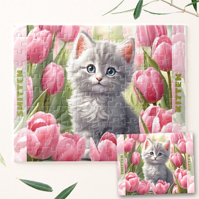 Niedlich Kitten Cat Spring Tulip Floral Individuel Puzzle (Cute Kitten Cat Spring Tulip Floral Custom Name Jigsaw Puzzle)