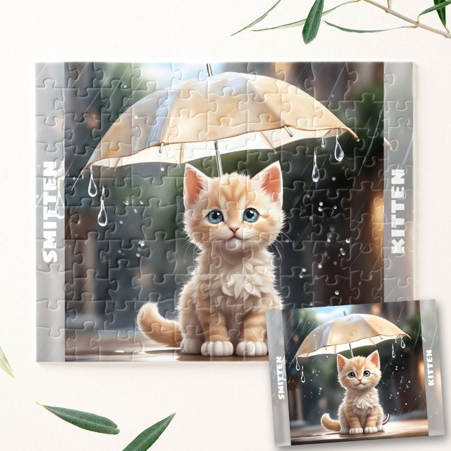 Niedlich Kitten Cat Umbrella Fall Rain Individuell Puzzle (Cute Kitten Cat Umbrella Fall Rain Custom Name Jigsaw Puzzle)