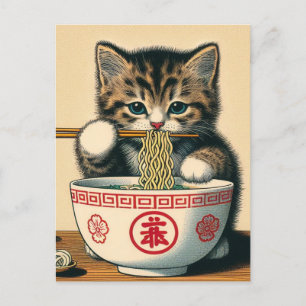 Niedlich Kitten Eating Ramen Woodblock Print Postkarte