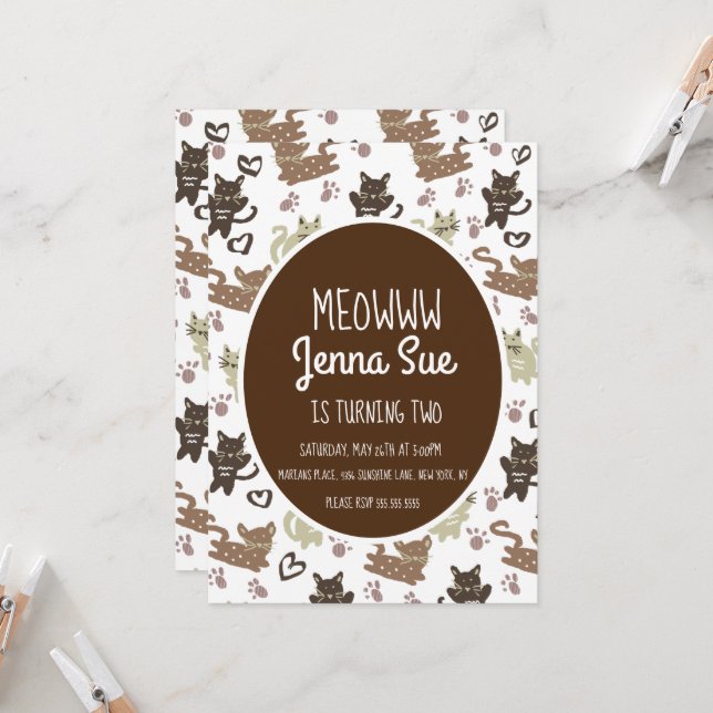 Niedlich Kitten Geburtstagsparty Einladung (Vorderseite/Rückseite Beispiel)