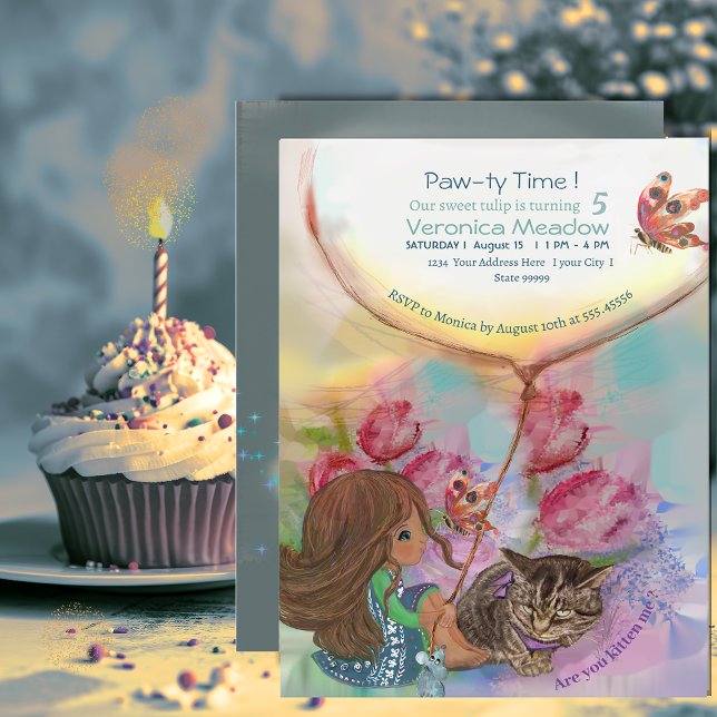 Niedlich Kitten Girl tulis Geburtstag Einladung (Cute Kitten Girl tulips Birthday Invitation)