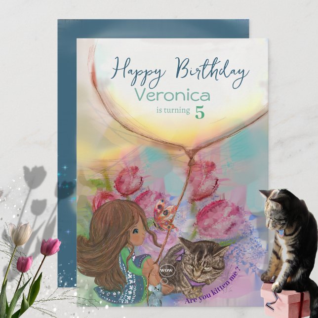 Niedlich Kitten Girl tulis Geburtstagskarte Feiertagskarte (Cute Kitten Girl tulips Birthday Card)