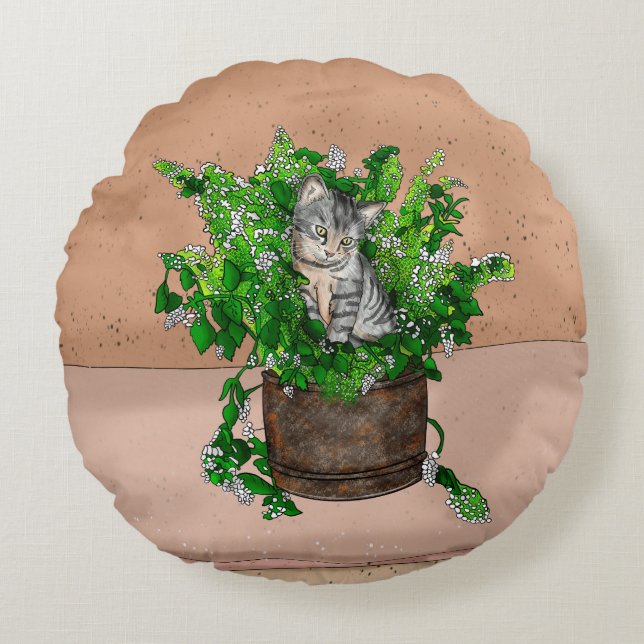 Niedlich Kitten in Catnip Antique Pot Rundes Kissen (Vorderseite)