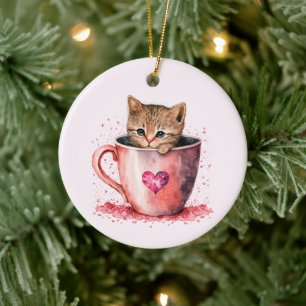 Niedlich Kitten in einem Teacup mit Herz Keramik Ornament