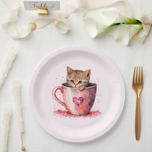Niedlich Kitten in einem Teacup mit Herz Pappteller (Hochzeit)