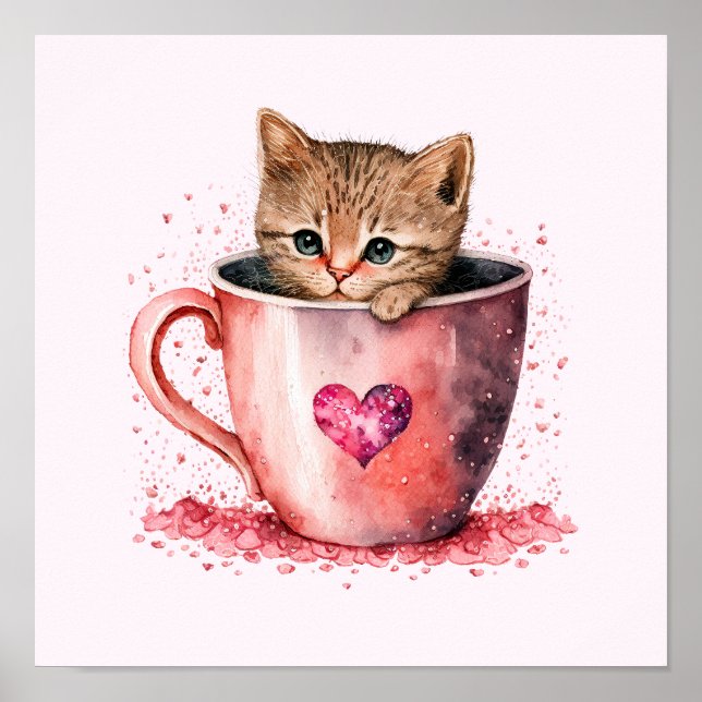 Niedlich Kitten in einem Teacup mit Herz Poster (Vorne)