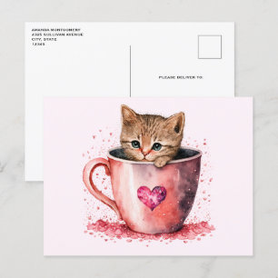 Niedlich Kitten in einem Teacup mit Herz Postkarte