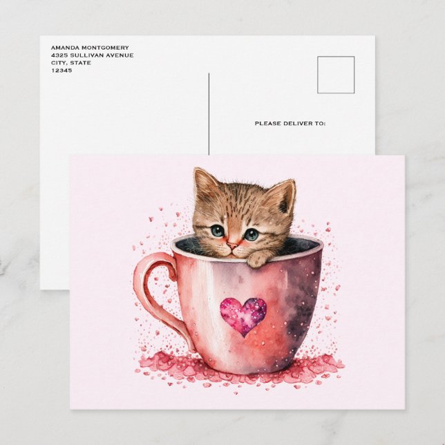 Niedlich Kitten in einem Teacup mit Herz Postkarte (Vorne/Hinten)