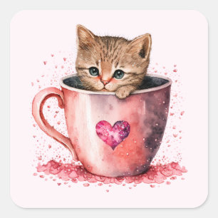 Niedlich Kitten in einem Teacup mit Herz Quadratischer Aufkleber