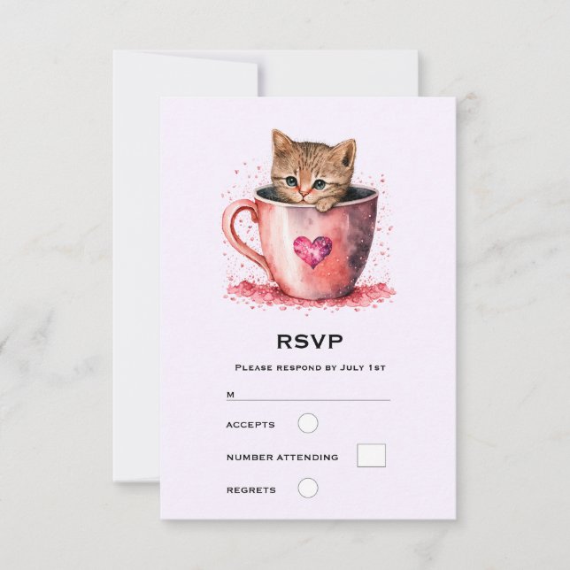 Niedlich Kitten in einem Teacup mit Herz RSVP Karte (Vorderseite)
