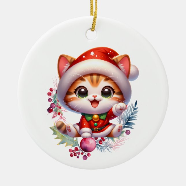 Niedlich Kitten in Santa Costume Weihnachten Keramik Ornament (Vorne)