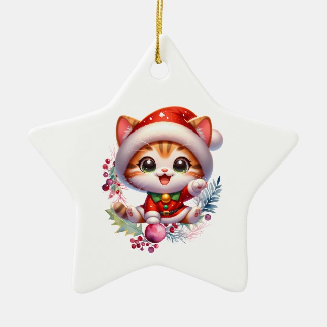 Niedlich Kitten in Santa Costume Weihnachten Keramik Ornament (Vorne)