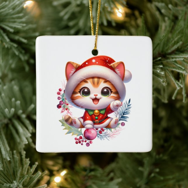 Niedlich Kitten in Santa Costume Weihnachten Keramikornament (Baum)
