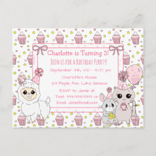 Niedlich Kitten, Llama und Maus Girl's Geburtstag Postkarte