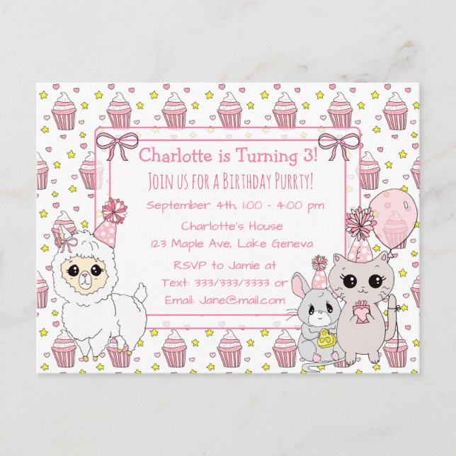 Niedlich Kitten, Llama und Maus Girl's Geburtstag Postkarte (Vorderseite)