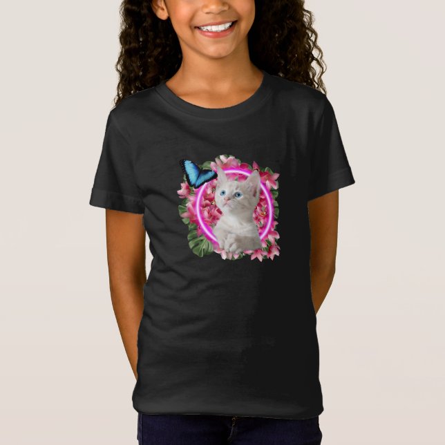 Niedlich Kitten mit blauem Schmetterling auf neont T-Shirt (Vorderseite)