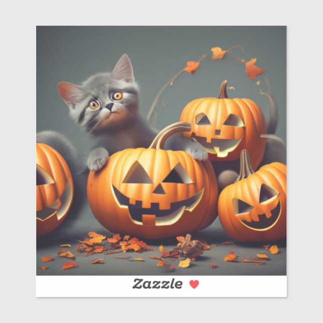 Niedlich Kitten mit Pumpkin Aufkleber (Blatt)