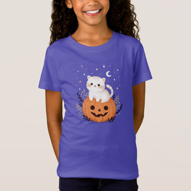 Niedlich Kitten on Pumpkin Halloween Illustration T-Shirt (Vorderseite)