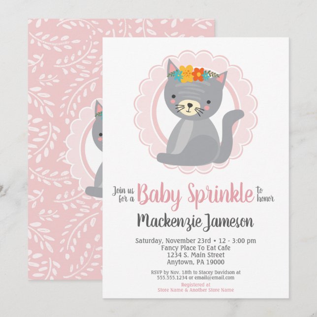 Niedlich Kitten Pink Girls Baby Sprinkle Einladung (Vorne/Hinten)