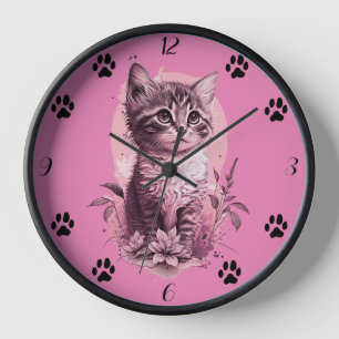 Niedlich Kitten Pink Wall Clock mit schwarzer Katz Uhr