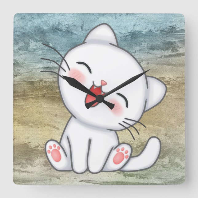 Niedlich Kitten Quadratische Wanduhr (Vorderseite)