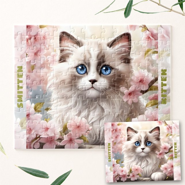 Niedlich Kitten Ragdoll Cat Spring Floral Individu Puzzle (Cute Kitten Ragdoll Cat Spring Floral Custom Name Jigsaw Puzzle)